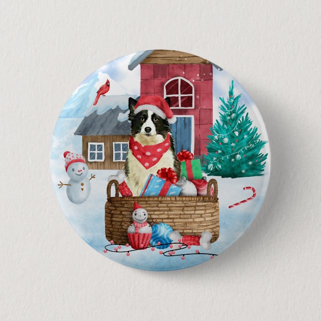 Border Collie Dog In snow Christmas Dog House Button (Front)