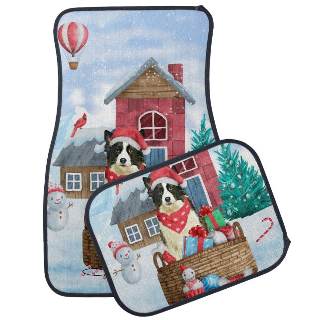 Border Collie Dog In snow Christmas Dog House  Car Floor Mat (Set)