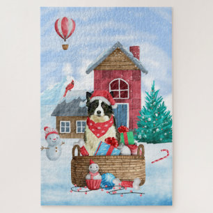 Border Collie Dog In snow Christmas Dog House Jigsaw Puzzle