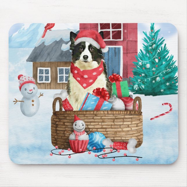 Border Collie Dog In snow Christmas Dog House Mouse Pad (Front)