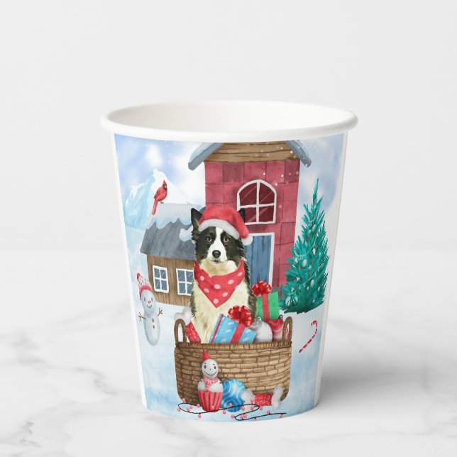 Border Collie Dog In snow Christmas Dog House  Paper Cups (Back)