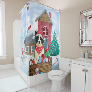 Border Collie Dog In snow Christmas Dog House Shower Curtain