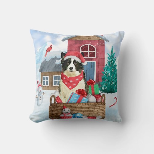 Border Collie Dog In snow Christmas Dog House Throw Pillow
