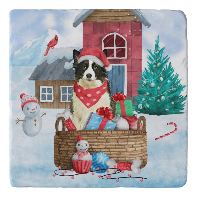 Border Collie Dog In snow Christmas Dog House Trivet (Front)
