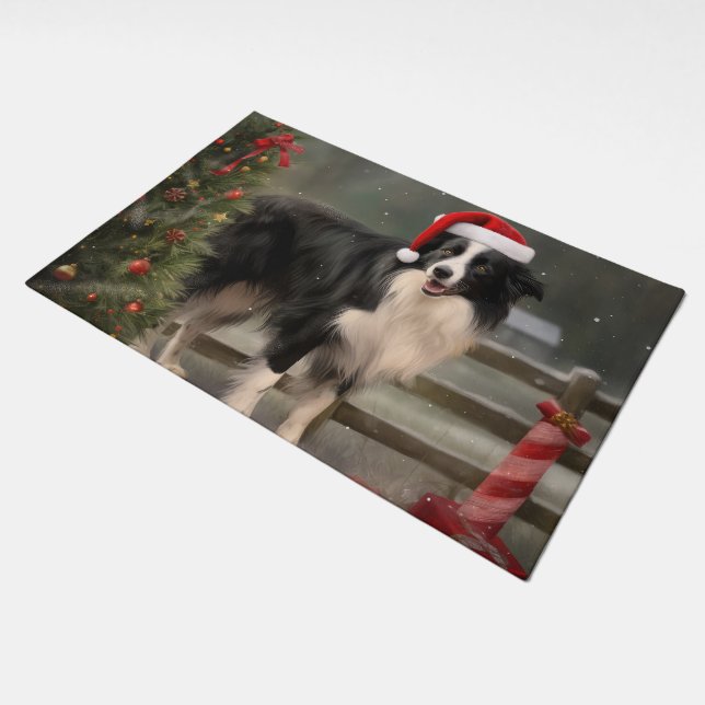 Border Collie Dog in Snow Christmas Doormat (Angled)