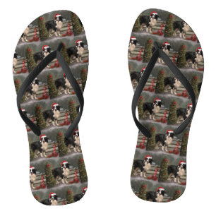Border Collie Dog in Snow Christmas Flip Flops