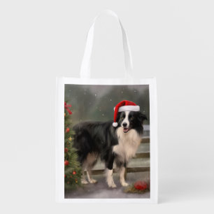 Border Collie Dog in Snow Christmas Grocery Bag