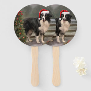 Border Collie Dog in Snow Christmas Hand Fan