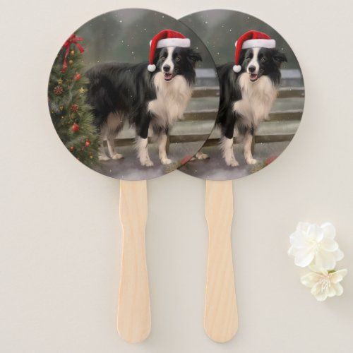 Border Collie Dog in Snow Christmas Hand Fan