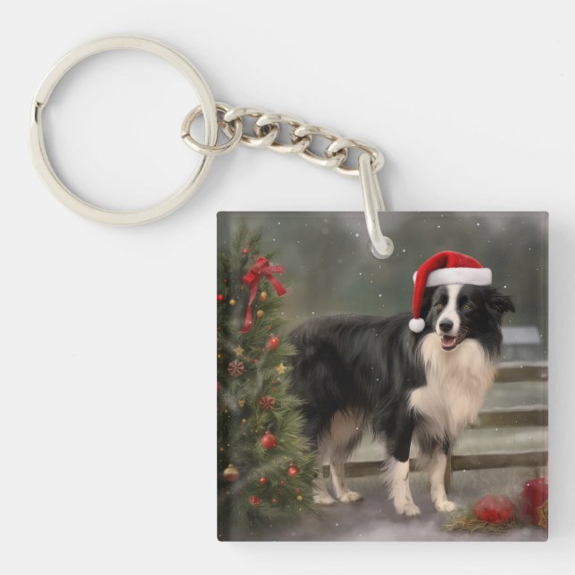 Border Collie Dog in Snow Christmas Keychain (Front)