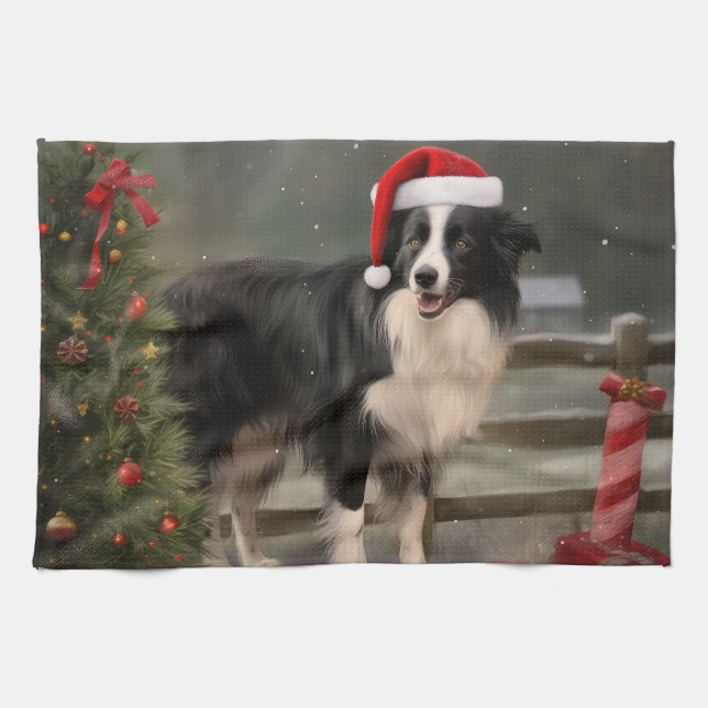 Border Collie Dog in Snow Christmas Kitchen Towel (Horizontal)