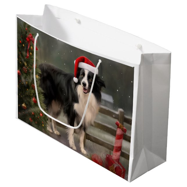Border Collie Dog in Snow Christmas Large Gift Bag (Front Angled)