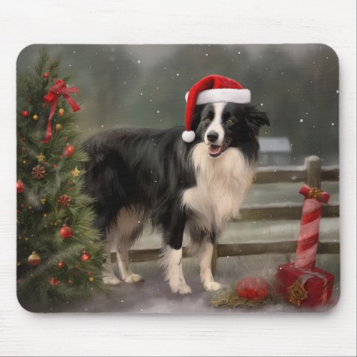Border Collie Dog in Snow Christmas Mouse Pad