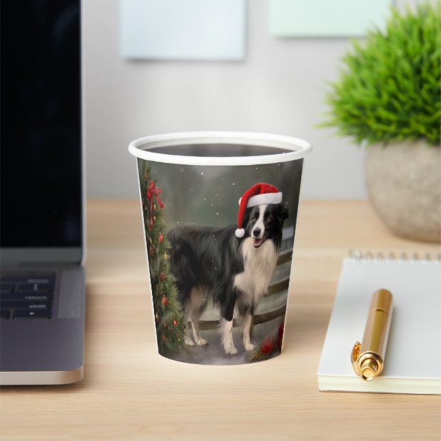 Border Collie Dog in Snow Christmas Paper Cups (Insitu)