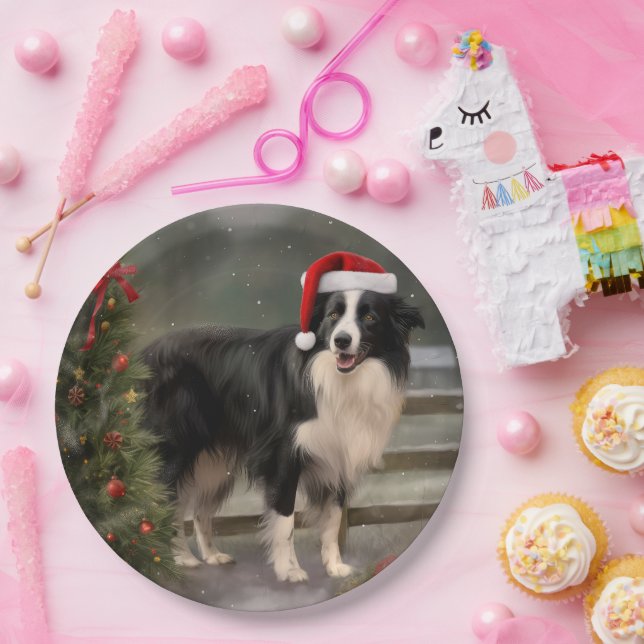 Border Collie Dog in Snow Christmas Paper Plates (Party)