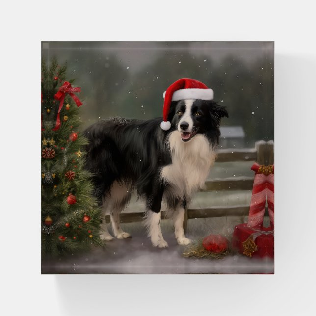 Border Collie Dog in Snow Christmas Paperweight (Front)