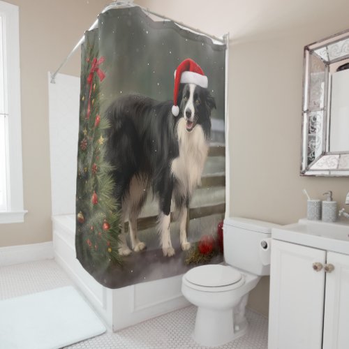 Border Collie Dog in Snow Christmas Shower Curtain