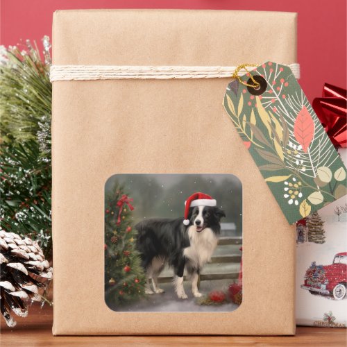 Border Collie Dog in Snow Christmas Square Sticker