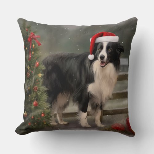 Border Collie Dog in Snow Christmas Throw Pillow