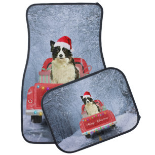 Border Collie Dog in Snow sitting in Christmas Car Floor Mat