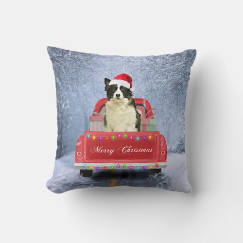 Border Collie Dog in Snow sitting in Christmas  Throw Pillow