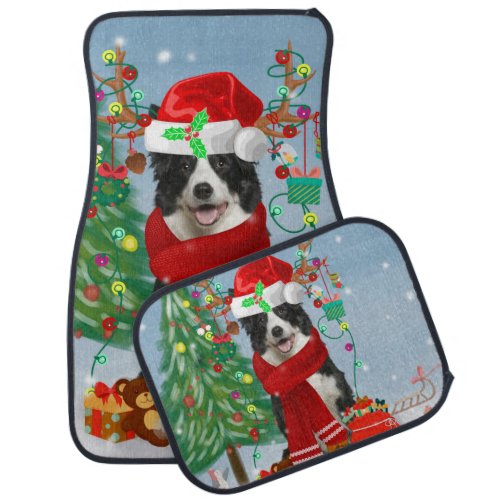 Border Collie dog  in Snow with Christmas gifts  Car Floor Mat
