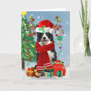 Border Collie dog in Snow with Christmas gifts Card