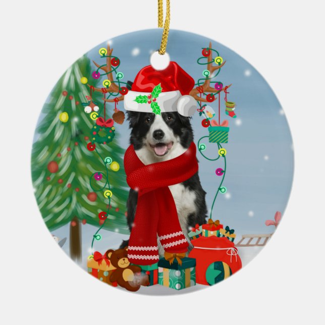 Border Collie dog  in Snow with Christmas gifts  Ceramic Ornament (Front)