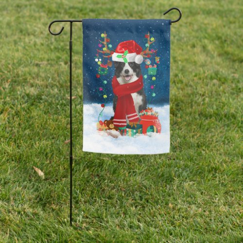 Border Collie Dog in Snow with Christmas Gifts Garden Flag