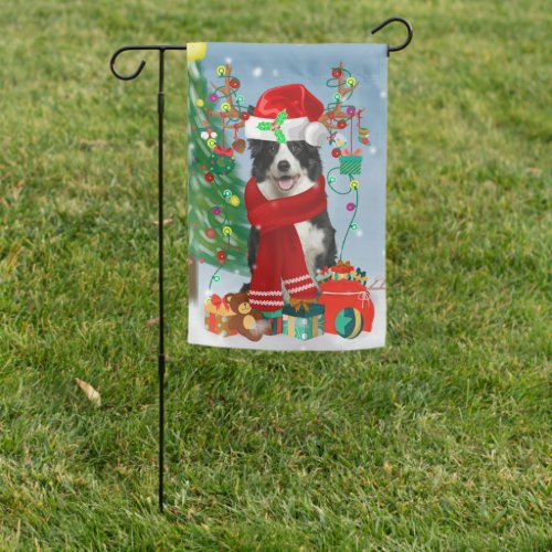 Border Collie dog  in Snow with Christmas gifts   Garden Flag