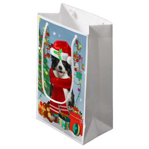 Border Collie dog  in Snow with Christmas gifts   Small Gift Bag