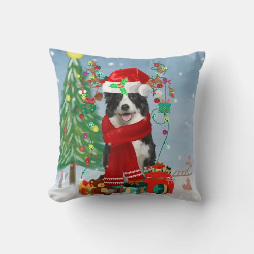 Border Collie dog  in Snow with Christmas gifts  Throw Pillow