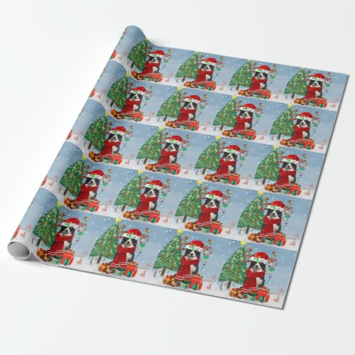 Border Collie dog  in Snow with Christmas gifts  Wrapping Paper