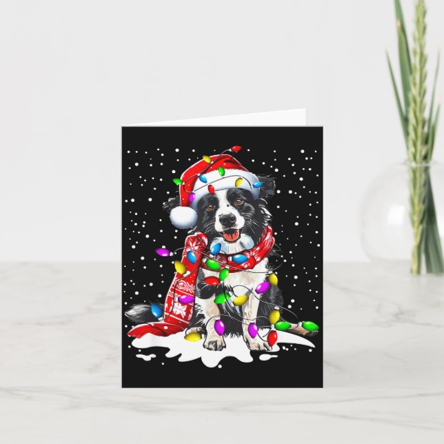 Border Collie Dog Lighting Xmas Santa Hat Christma Card (Front)