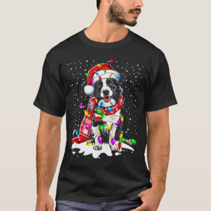 Border Collie Dog Lighting Xmas Santa Hat Christma T-Shirt