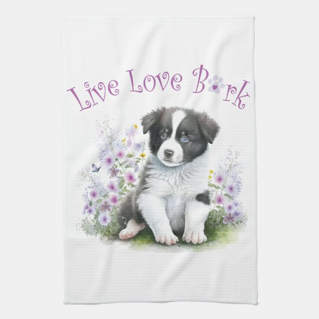 Border Collie Dog Mom Floral Kitchen Towel (Vertical)