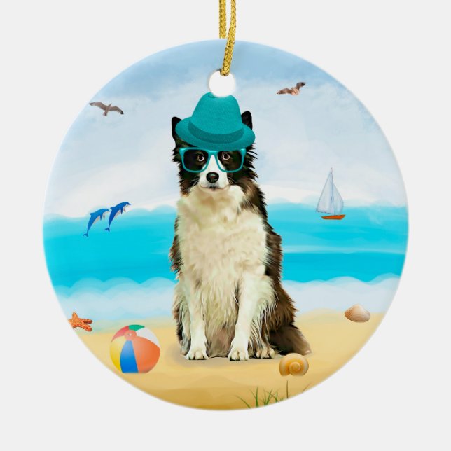 Border Collie Dog on Beach Ceramic Ornament (Front)