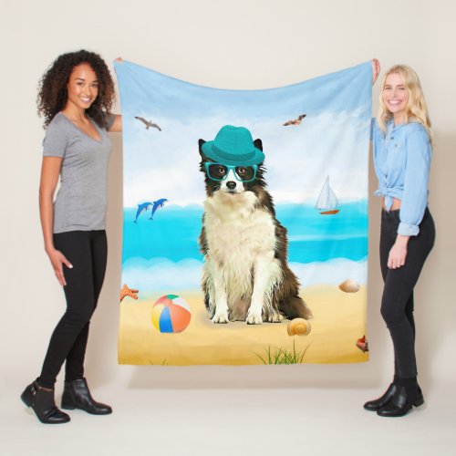 Border Collie Dog on Beach Fleece Blanket