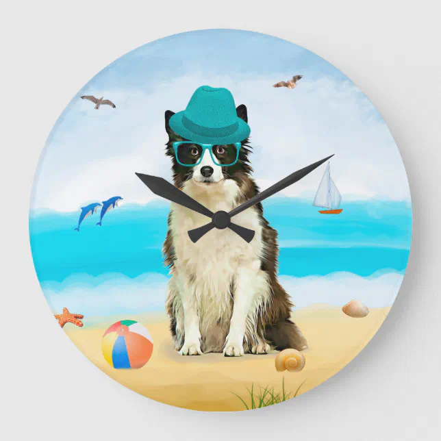 Border Collie Dog on Beach Large Clock | Zazzle