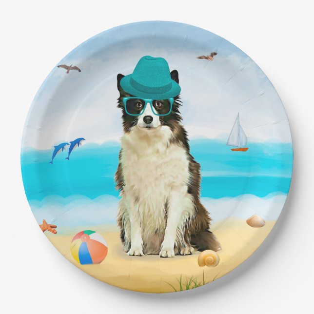 Border Collie Dog on Beach Paper Plates (Front)
