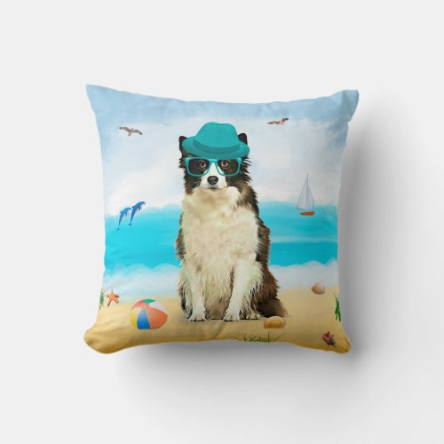 Border Collie Dog on Beach  Throw Pillow