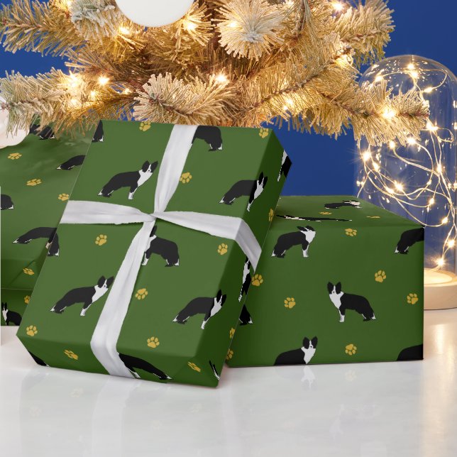 Border Collie Dog Pattern Abstract Drawing Green Wrapping Paper (Holidays)