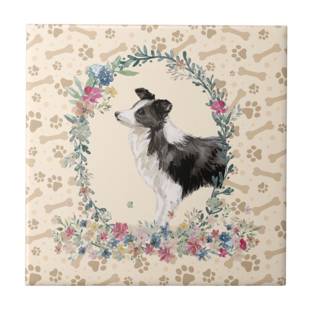 Border Collie Dog Paw Print Floral Cute Beige Ceramic Tile (Front)