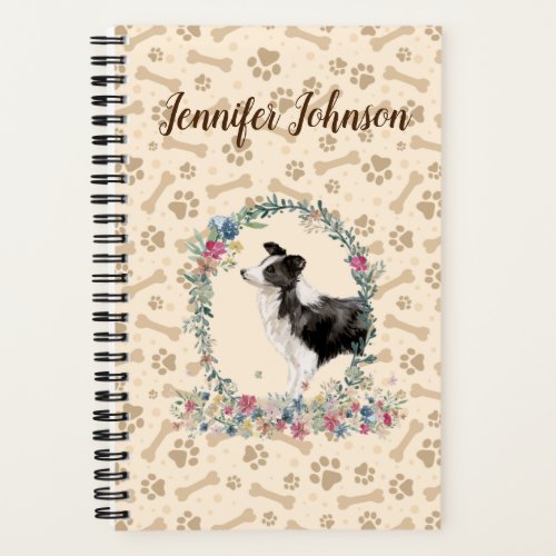 Border Collie Dog Paw Print  Floral Cute Notebook