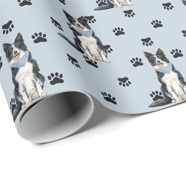 Border Collie Dog Paw Print Pattern on Silver Wrapping Paper (Roll Corner)