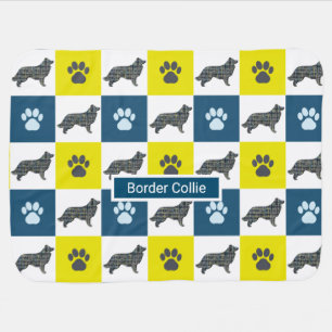 Border Collie Dog & Paw Y&B Grid Baby Blanket