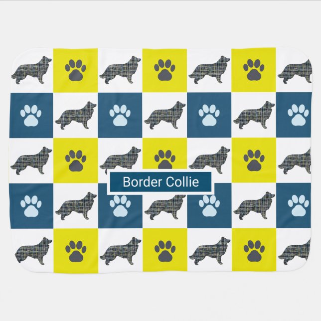 Border Collie Dog & Paw Y&B Grid Baby Blanket (Horizontal)