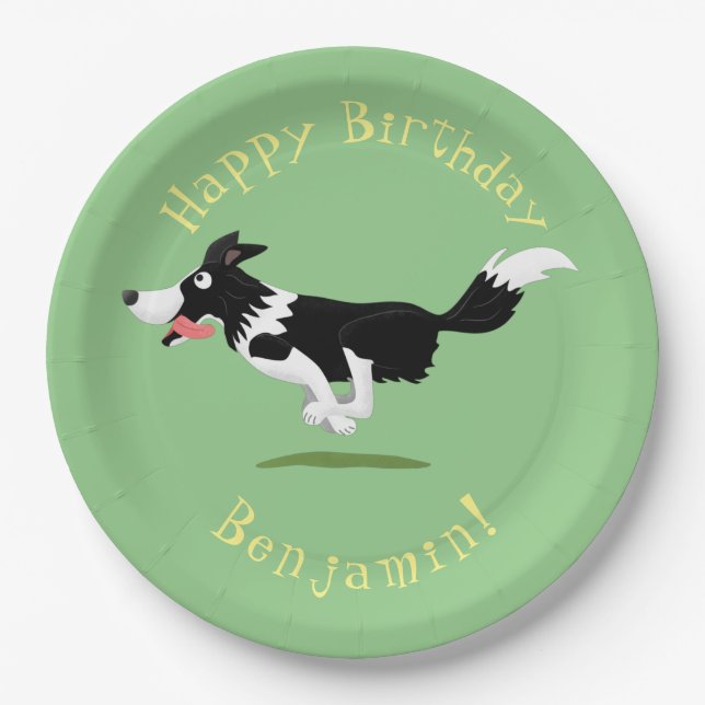 Border Collie dog personalised birthday cartoon Paper Plates (Front)