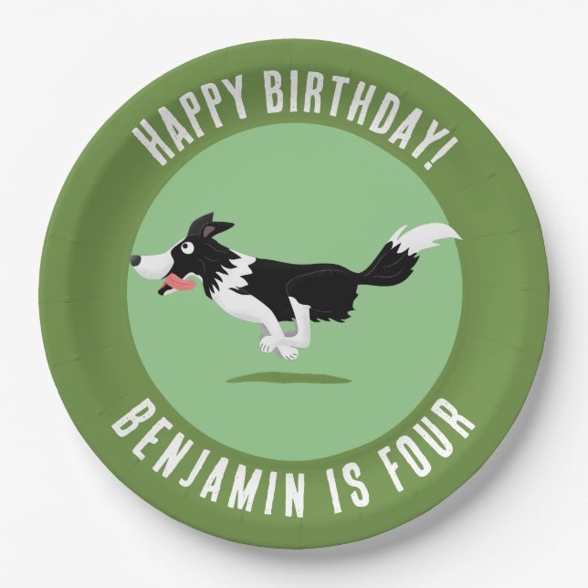 Border Collie dog personalized birthday cartoon Paper Plates (Front)
