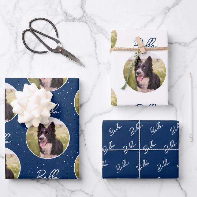 Border Collie Dog Photo Trendy Script Pet Name  Wrapping Paper Sheets (Front)